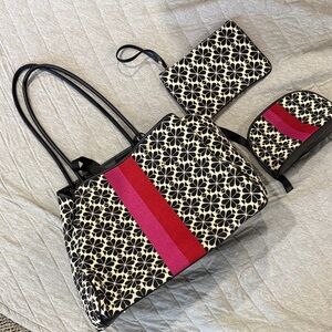 Kate Spade Black and White Floral Tote with Red Stripe